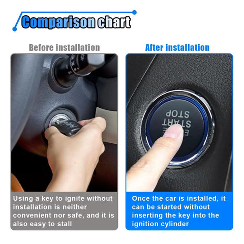 Comparison of car ignition with key and Push Start Button Kit For Most DC12V Cars, One Touch Engine Start Upgrade installed.
