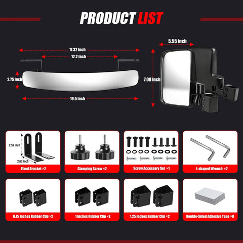 Universal Golf Cart Mirrors Offering HD Wide Angle Shatterproof Glass And Totally Legit No Drill Mount For Ezgo Yamaha Club Car Rear View Side Mirror Kit With 180 Rotation product dimensions and accessory list image.