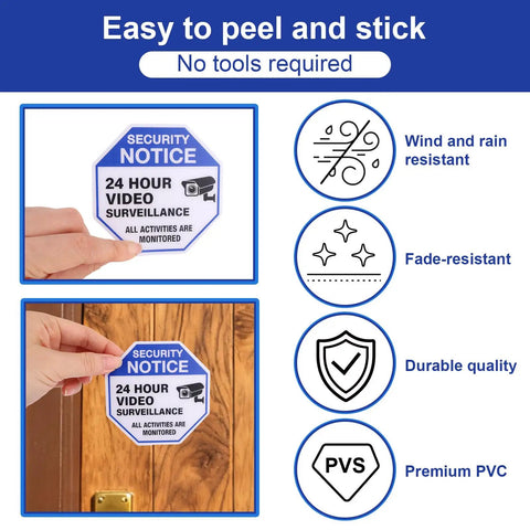Two Large 3.5 Inch And Four Medium 2.65 Inch Weatherproof Video Surveillance Stickers With Strong Adhesive Security Camera Signs For Indoor And Outdoor Use To Deter Thieves And Keep Your Property Safe. Security notice sticker on door, premium PVC, peel-and-stick
