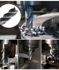 Yosoo HSS CNC end mills, 1/8 in diameter, 4-flute, 1/4 in shank; shown cutting metal with chips (front and close-up).