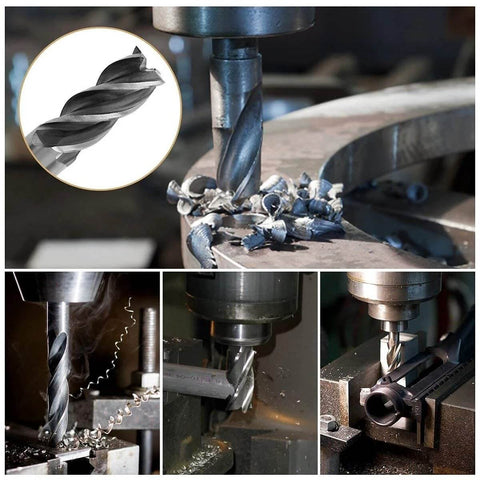 Yosoo HSS CNC end mills, 1/8 in diameter, 4-flute, 1/4 in shank; shown cutting metal with chips (front and close-up).
