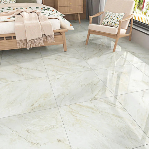 Beige Marble Peel And Stick Vinyl Flooring 12x12 Self Adhesive Tiles in modern bedroom setting, 20 Sq Ft coverage