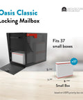 Open Oasis Classic Locking Post Mount Parcel Mailbox showing capacity for 37 small boxes with dimensions displayed, black finish.