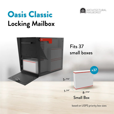 Open Oasis Classic Locking Post Mount Parcel Mailbox showing capacity for 37 small boxes with dimensions displayed, black finish.