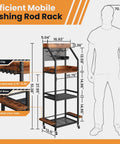 Three-Tier Fishing Rod Rack With Pegboard Hooks And Wooden Top Box, Rolling Garage Storage Organizer dimensions diagram