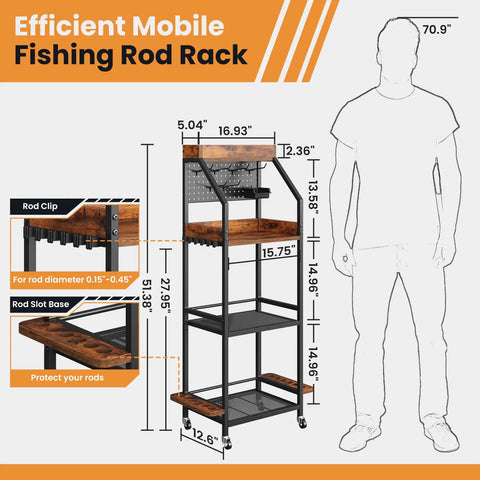 Three-Tier Fishing Rod Rack With Pegboard Hooks And Wooden Top Box, Rolling Garage Storage Organizer dimensions diagram