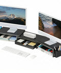 Dual Monitor Stand Riser With Drawer And Pen Holders, Metal Desk Organizer for Office or Home Office, black with storage