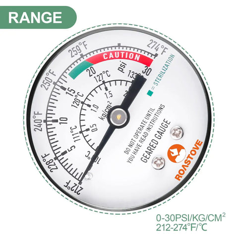 2 Inch Dial Pressure Cooker And Canner Gauge With Lower Mount In Black Steel Case Includes Gasket And Nut For Seriously Accurate Steam Pressure Readings From 0 To 30 Psi showing detailed dial face with pressure range and warning indicators