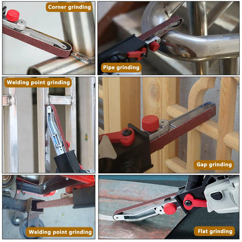 Solid Belt Sander Attachment For Angle Grinder Fits 4 5 Inch Tools and US 5 8 To 11 Thread with sanding belt for precise gap grinding.