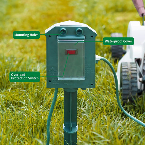 Outdoor Waterproof Power Strip With 100 Ft Heavy Duty Extension Cord 6 Grounded Outlets For Garden And Yard Decor 15A At 1875W ETL Listed Weatherproof Safe And Ready For All Your Epic Outdoor Setups with waterproof cover and overload protection switch installed in grass garden.