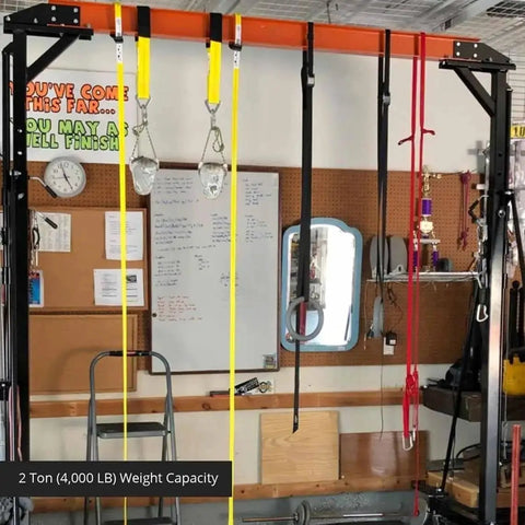 Rugged 2 Ton Telescoping Gantry Crane Portable Shop Lift Frame With Adjustable Boom Height and Locking Caster Wheels, 4,000 lb capacity, in garage setup.