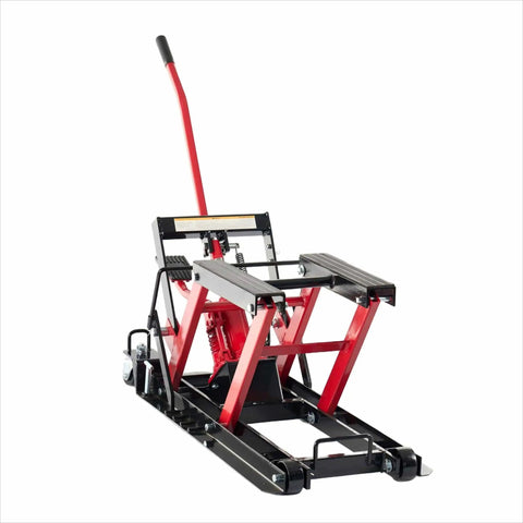 Beefy 1500 Lbs Hydraulic Motorcycle Lift Jack With Four Wheel ATV Scissor Lift Foot Operated Hoist Durable Steel Frame Safety Lock