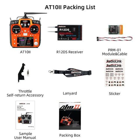 12 Channel RC Transmitter And Receiver With 2.4GHz Remote For FPV Drones Quads Helicopters Cars And Boats Mode 2 Left Hand Throttle Voltage Telemetry DSSS FHSS 7dBi Antenna For Beefed Up Signal Up To 4km packing list including remote, receiver, module, and accessories