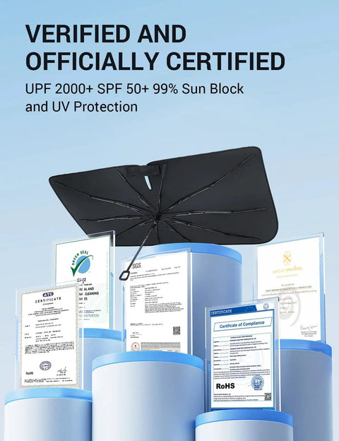 Custom Fit Windshield Sun Shade Umbrella For Honda Odyssey 2018 Through 2026 with sun protection certificates displayed.