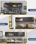 Sturdy 31.5 Inch Metal Wall Cabinet For Garage With Up Flip Door And Handle, Wall Mounted Floating Tool Storage Cabinet For Garage, Basement, And Warehouse, Tough As Nails Heavy Duty Steel Construction Built To Last. shown in tool room, kitchen, and laundry room