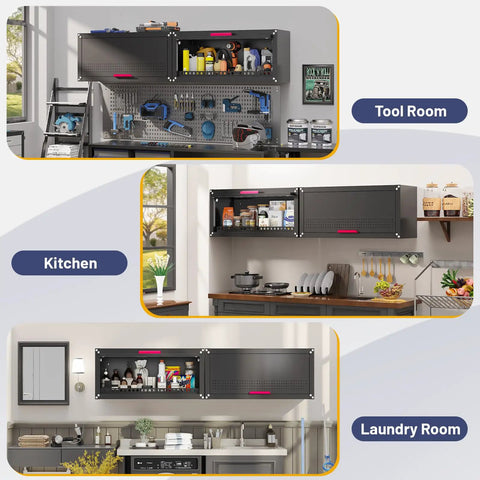 Sturdy 31.5 Inch Metal Wall Cabinet For Garage With Up Flip Door And Handle, Wall Mounted Floating Tool Storage Cabinet For Garage, Basement, And Warehouse, Tough As Nails Heavy Duty Steel Construction Built To Last. shown in tool room, kitchen, and laundry room