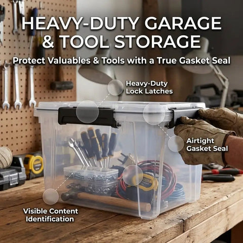 Kickass Heavy Duty 19 Quart Storage Bin With Airtight Gasket Lid Clear Stackable Plastic Crate shown with tools for garage storage.