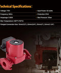 Level Up Your Hot Water Game With This Slick 22 GPM Circulator Pump For Fast Recirculation in red, showing technical specifications.