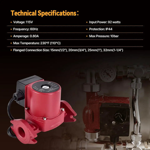 Level Up Your Hot Water Game With This Slick 22 GPM Circulator Pump For Fast Recirculation in red, showing technical specifications.