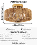 Boho Rattan Ceiling Light Fixture Hand Woven Cage Shade Semi Flush Mount Farmhouse Style Close To Ceiling Lamp dimensions