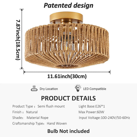 Boho Rattan Ceiling Light Fixture Hand Woven Cage Shade Semi Flush Mount Farmhouse Style Close To Ceiling Lamp dimensions