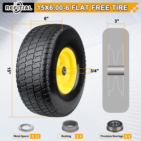 2-Pack 15x6.00-6 Flat Free Front Lawn Tractor Mower Wheels With 3 Inch Centered Hub, Bearings, Solid Tire, Yellow Rim