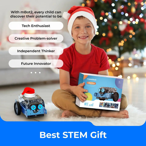 MBot2 Coding Robot For Kids Ages 8 14 And Up, Learn Scratch And Python With An Awesome, Kid-Friendly, Hands-On STEM Robotics Kit For Boys And Girls, Build, Code, And Explore Weather, Lights, And Music Features. child with mBot Neo kit