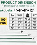 Green Zip Ties Assorted Sizes 4 6 8 12 Inches 400 Pack UV Resistant Cable Ties chart showing size, width, tensile strength
