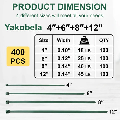 Green Zip Ties Assorted Sizes 4 6 8 12 Inches 400 Pack UV Resistant Cable Ties chart showing size, width, tensile strength