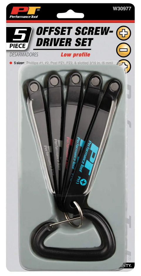 5 Piece Low Profile Offset Screwdriver Set With Tough S2 Steel Bits And 3/8 Inch Clearance in packaging showing various sizes.
