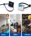 Heavy Duty Self Adhesive Cable Zip Tie Mount Kit With Fifty Sets Of Three Quarter Inch Mounts And Fifty Zip Ties Of Six Inch Length Nylon For Outdoor Wire Organization No Fuss Easy Install Black, shown in use at home, office, and industry settings.