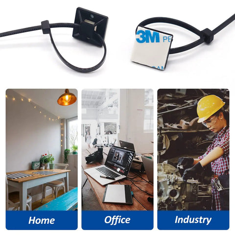 Heavy Duty Self Adhesive Cable Zip Tie Mount Kit With Fifty Sets Of Three Quarter Inch Mounts And Fifty Zip Ties Of Six Inch Length Nylon For Outdoor Wire Organization No Fuss Easy Install Black, shown in use at home, office, and industry settings.