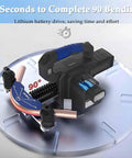 Heavy Duty Battery Operated Electric Pipe Bender For One Shot Bending Of Copper Tubing Quick 9 Second Bend Tool shown bending copper pipe at 90 degrees.