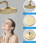 Gold Finish 8 Inch LED Light Rainfall Shower Head 3 Way Shower System With Handheld Shower And Tub Spout Premium Solid Brass Construction. Woman enjoying shower