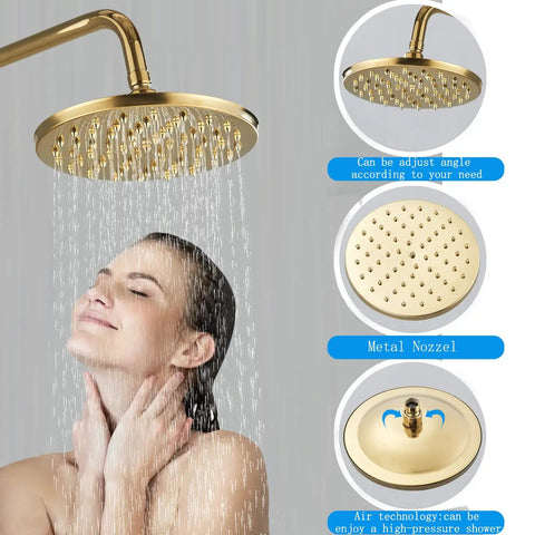 Gold Finish 8 Inch LED Light Rainfall Shower Head 3 Way Shower System With Handheld Shower And Tub Spout Premium Solid Brass Construction. Woman enjoying shower