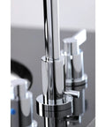 Close-up of NuvoFusion Widespread Bathroom Faucet With Popup Drain In Polished Chrome, showcasing sleek solid brass design.