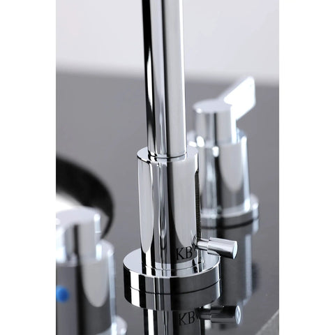 Close-up of NuvoFusion Widespread Bathroom Faucet With Popup Drain In Polished Chrome, showcasing sleek solid brass design.