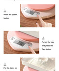Steps showing how to use a pink kitchen scale with large LCD display and tare function 11 lb capacity 0.03 oz graduation