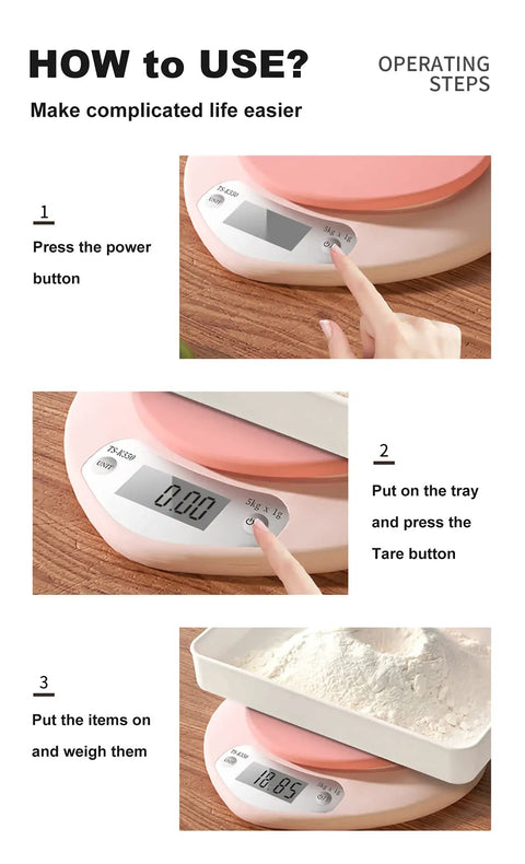Steps showing how to use a pink kitchen scale with large LCD display and tare function 11 lb capacity 0.03 oz graduation