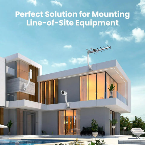 Heavy Duty Universal J Pole Antenna Mount Two Pack With 150 Degree Swivel Arm secured on a modern home for wireless equipment.