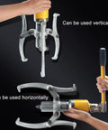 Heavy Duty Hydraulic Bearing Puller Kit With Reinforced Center Pin 30 Ton Capacity shown held vertically and horizontally for versatile use.