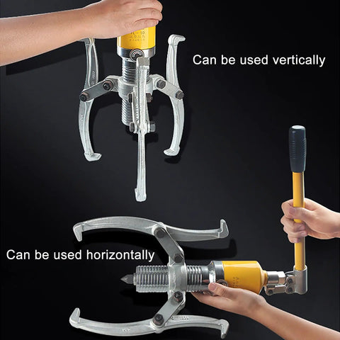 Heavy Duty Hydraulic Bearing Puller Kit With Reinforced Center Pin 30 Ton Capacity shown held vertically and horizontally for versatile use.