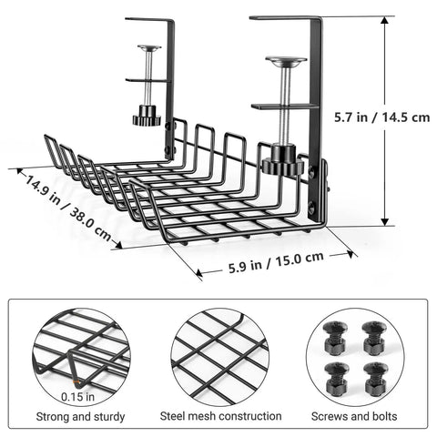 Under Desk Cable Management Tray Organizer For Cords And Wires No Drill Installation, black steel mesh, side view, with measurements.
