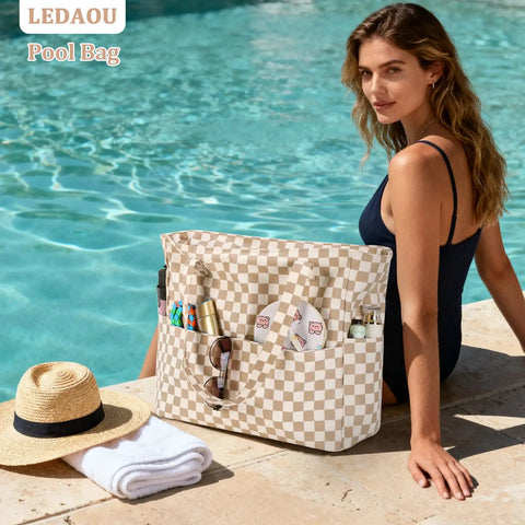 Woman by pool with Large Beach Tote Bag For Women Waterproof And Sandproof With Zipper And Wet Pocket Extra Spacious For Pool Gym Travel