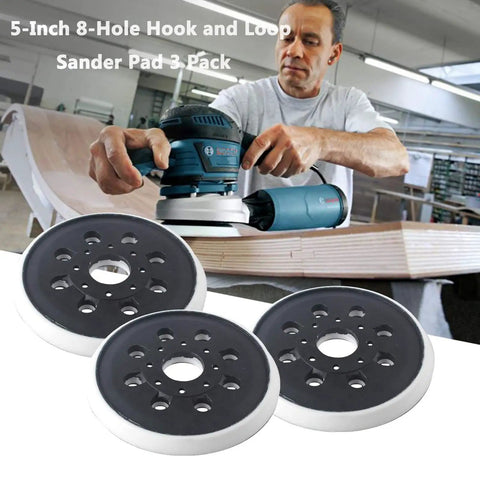 Woodworker using 5 Inch 8 Hole Hook And Loop Replacement Sander Pad For Random Orbit Sanders 5 Inch Backing Pad Compatible With ROS20VS ROS20VSC ROS20VSK ROS20 ROS10 3 Pack