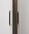 Brushed Satin Gold Brass Finish T Bar Cabinet Handles installed on white wardrobe doors