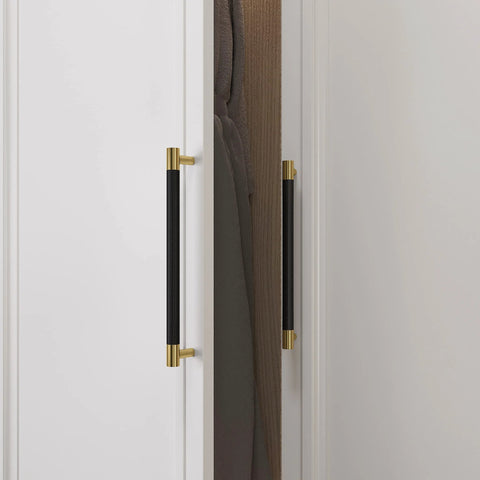 Brushed Satin Gold Brass Finish T Bar Cabinet Handles installed on white wardrobe doors