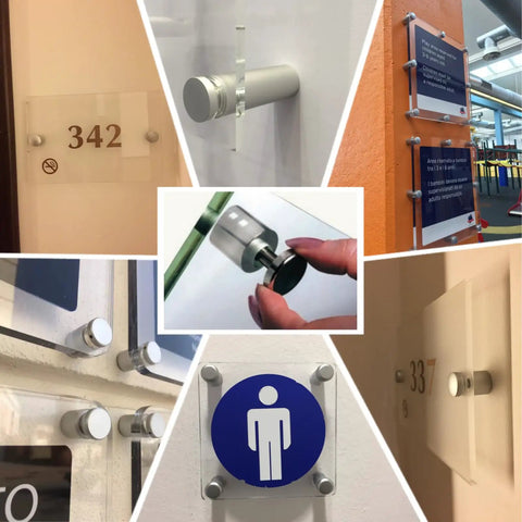 Dead Simple To Install, Rock Solid Aluminum Wall Spacers And Standoff Screws For Acrylic Signs, showcasing various mounting applications.