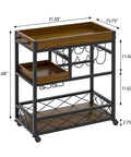 Industrial bar cart with wood top and shelves, metal frame, wine rack, 3 tiers on casters (front view)