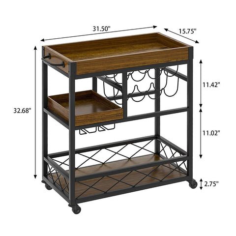 Industrial bar cart with wood top and shelves, metal frame, wine rack, 3 tiers on casters (front view)